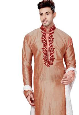 Pink embroidered art dupion silk kurta-pajama 2