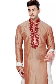 Pink embroidered art dupion silk kurta-pajama