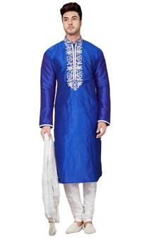 Blue embroidered art dupion silk kurta-pajama