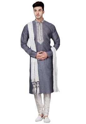 Grey embroidered art dupion silk kurta-pajama 1