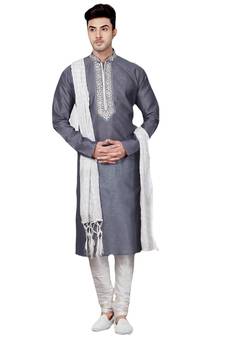 Grey embroidered art dupion silk kurta-pajama