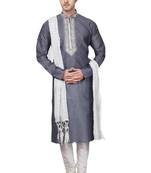 Grey embroidered art dupion silk kurta-pajama