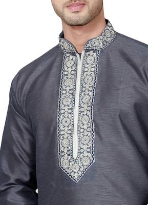 Grey embroidered art dupion silk kurta-pajama 2