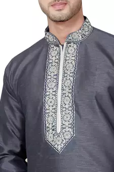 Grey embroidered art dupion silk kurta-pajama