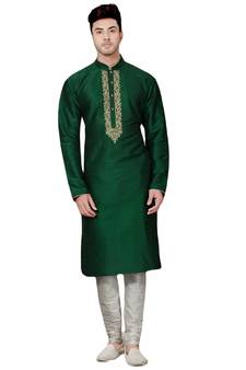 Green embroidered art dupion silk kurta-pajama
