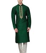 Green embroidered art dupion silk kurta-pajama