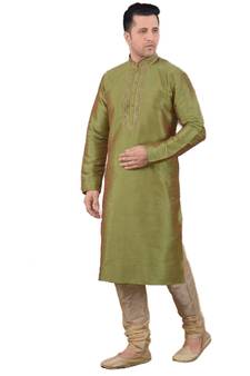 Green embroidered art dupion silk kurta-pajama