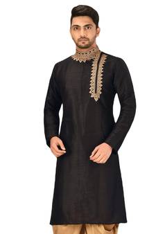 Black embroidered art dupion silk dhoti-kurta