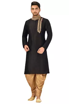 Black embroidered art dupion silk dhoti-kurta