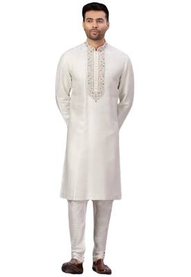 White embroidered art dupion silk kurta-pajama 1