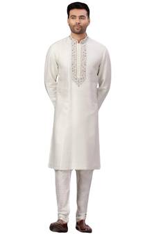 White embroidered art dupion silk kurta-pajama