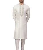 White embroidered art dupion silk kurta-pajama