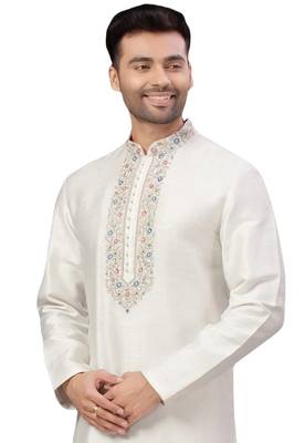White embroidered art dupion silk kurta-pajama 2