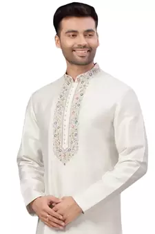 White embroidered art dupion silk kurta-pajama