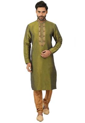 Green embroidered art dupion silk kurta-pajama 1