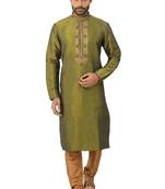 Green embroidered art dupion silk kurta-pajama