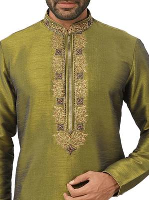 Green embroidered art dupion silk kurta-pajama 2