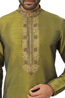Green embroidered art dupion silk kurta-pajama