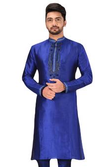 Blue embroidered art dupion silk kurta-pajama