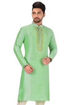 Green embroidered art dupion silk kurta-pajama