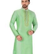 Green embroidered art dupion silk kurta-pajama