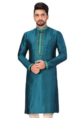 Green embroidered art dupion silk kurta-pajama 2