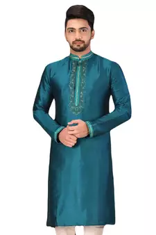 Green embroidered art dupion silk kurta-pajama
