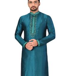 Green embroidered art dupion silk kurta-pajama