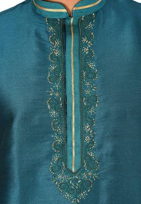Green embroidered art dupion silk kurta-pajama 3