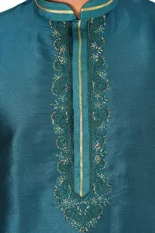Green embroidered art dupion silk kurta-pajama