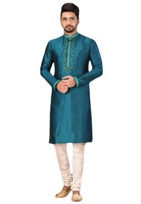 Green embroidered art dupion silk kurta-pajama 1
