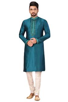 Green embroidered art dupion silk kurta-pajama
