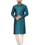 Green embroidered art dupion silk kurta-pajama