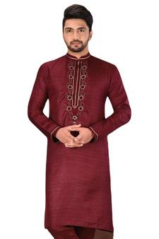 Maroon embroidered art dupion silk kurta-pajama
