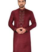 Maroon embroidered art dupion silk kurta-pajama