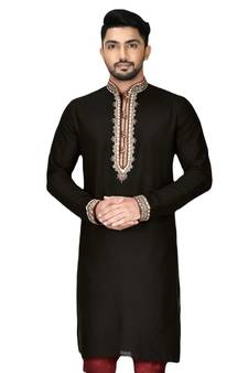 Black embroidered art dupion silk kurta-pajama