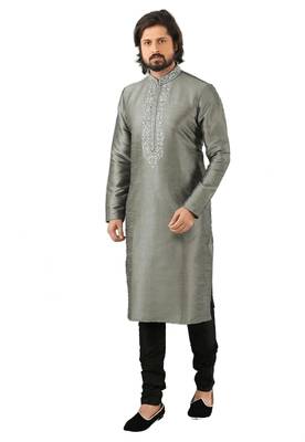 Grey embroidered art dupion silk kurta-pajama 1