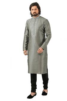 Grey embroidered art dupion silk kurta-pajama