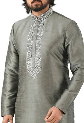 Grey embroidered art dupion silk kurta-pajama 2