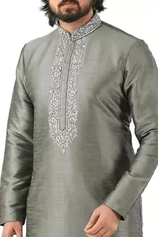Grey embroidered art dupion silk kurta-pajama