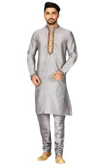 Grey embroidered art dupion silk kurta-pajama