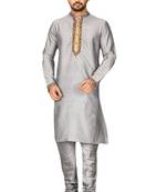 Grey embroidered art dupion silk kurta-pajama