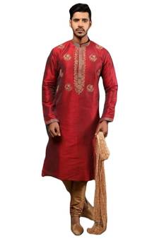 Red embroidered art dupion silk kurta-pajama