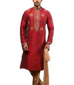Red embroidered art dupion silk kurta-pajama