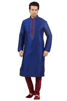 Blue embroidered art dupion silk kurta-pajama