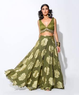 Olive Green & Golden Embroidered Lehenga Set 1