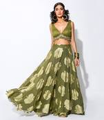 Olive Green & Golden Embroidered Lehenga Set