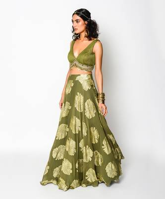 Olive Green & Golden Embroidered Lehenga Set 2