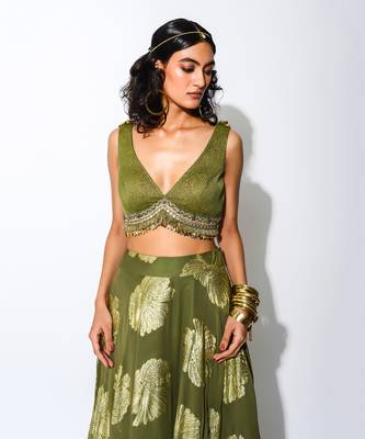 Olive Green & Golden Embroidered Lehenga Set 3