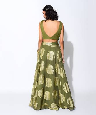 Olive Green & Golden Embroidered Lehenga Set 4